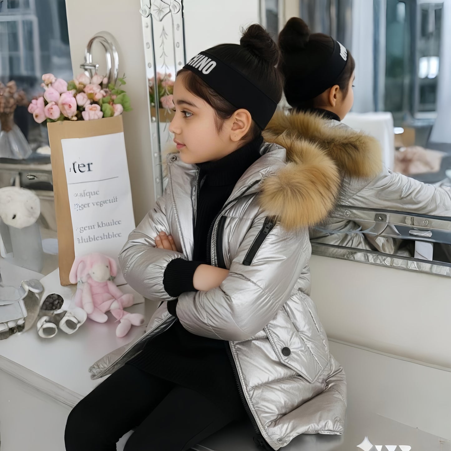 Eboo Kids Metallic Winter Fur Hood Coat Warm & Stylish Puffer Jacket (silver)