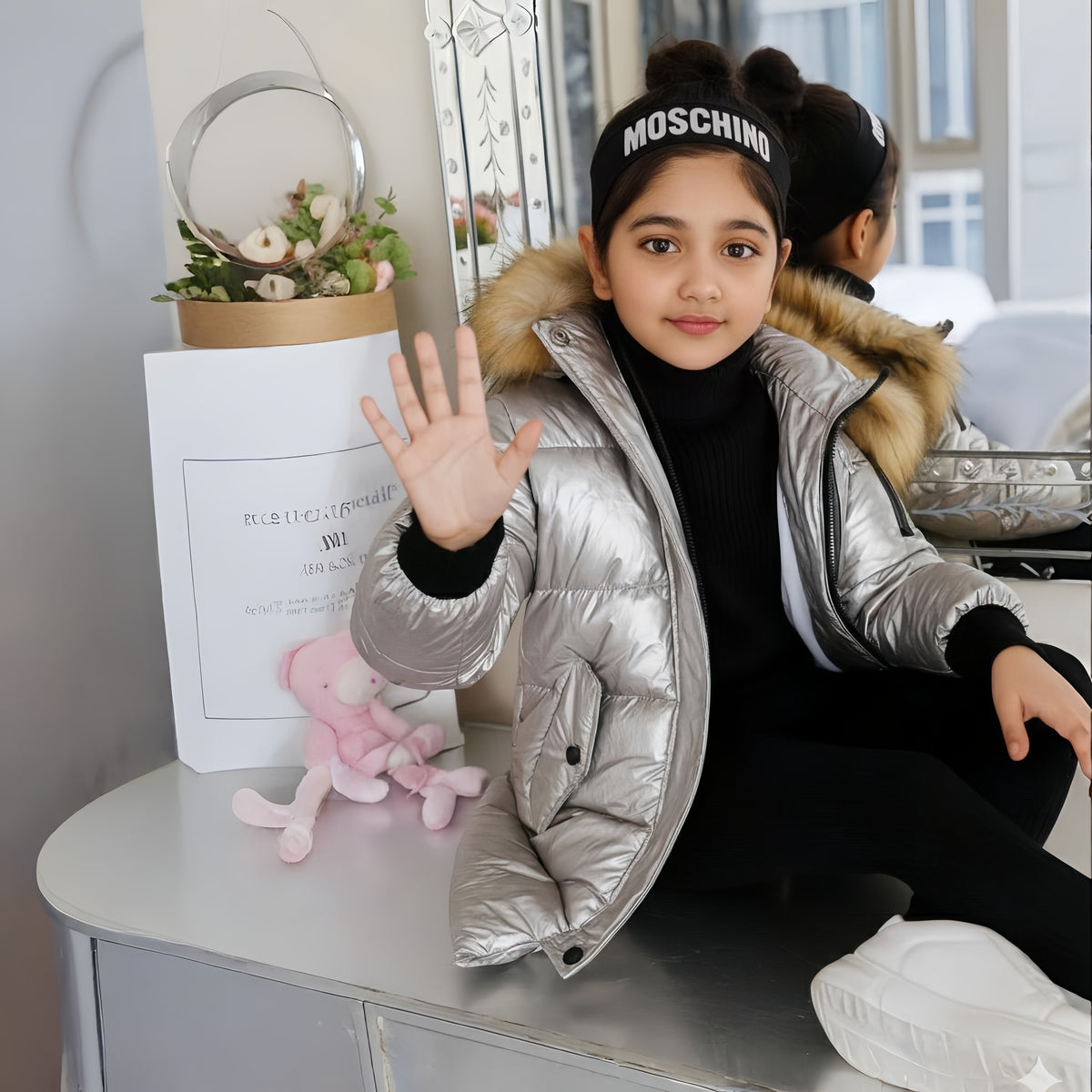 Eboo Kids Metallic Winter Fur Hood Coat Warm & Stylish Puffer Jacket (silver)