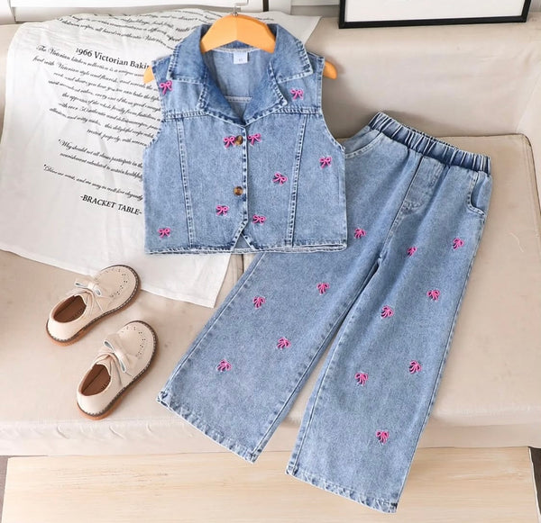 Eboo Sweet Bow Denim Co-ord Set: Sleeveless Vest & Wide-Leg Jeans Outfit for Girls