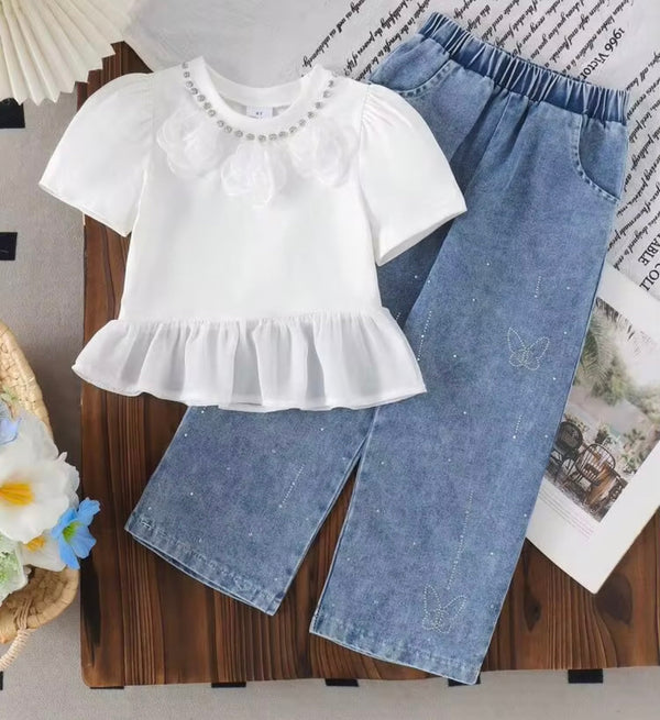 Eboo Girls White Peplum Top with Embellished Collar & Butterfly Denim Jeans Set