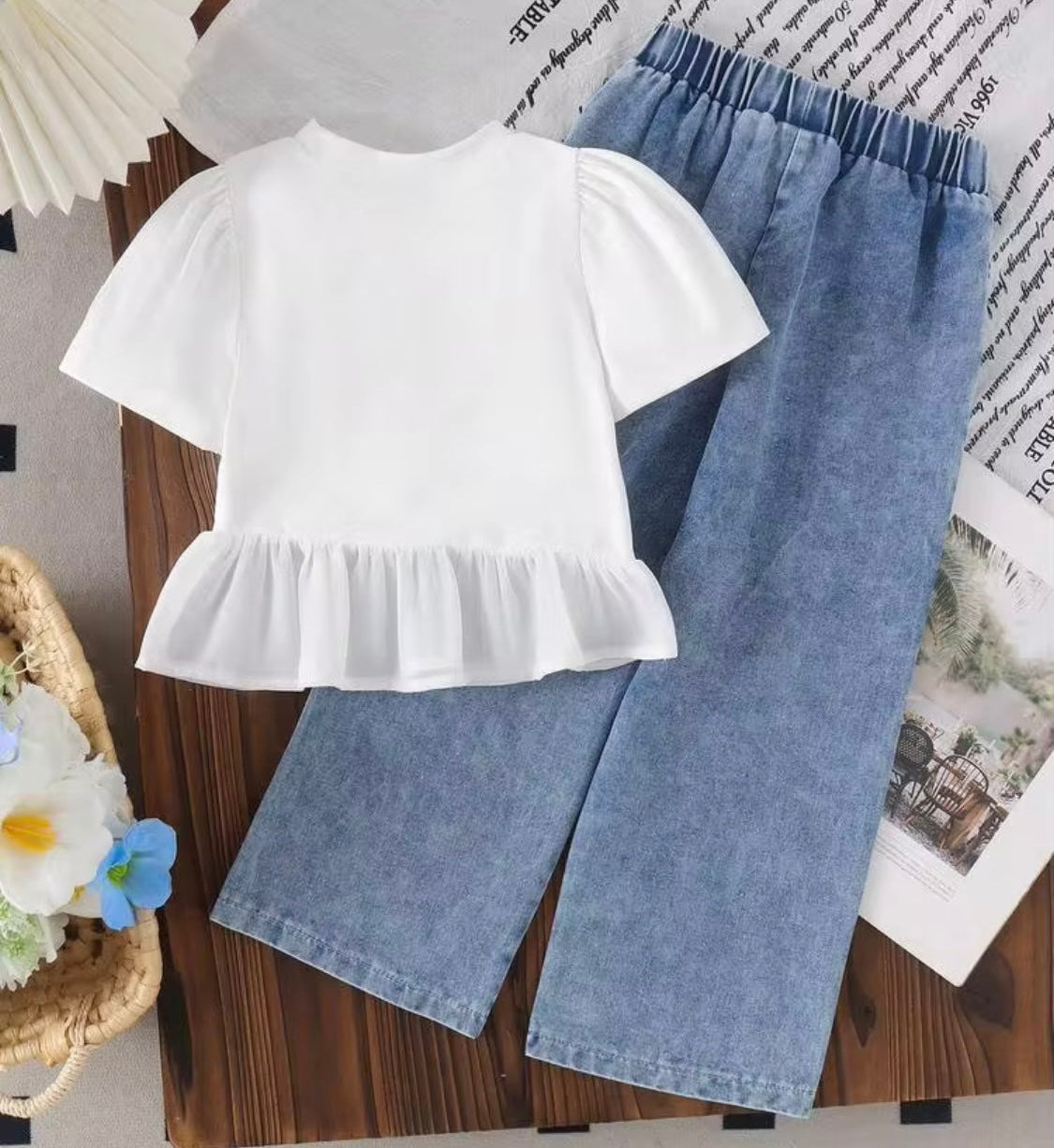 Eboo Girls White Peplum Top with Embellished Collar & Butterfly Denim Jeans Set