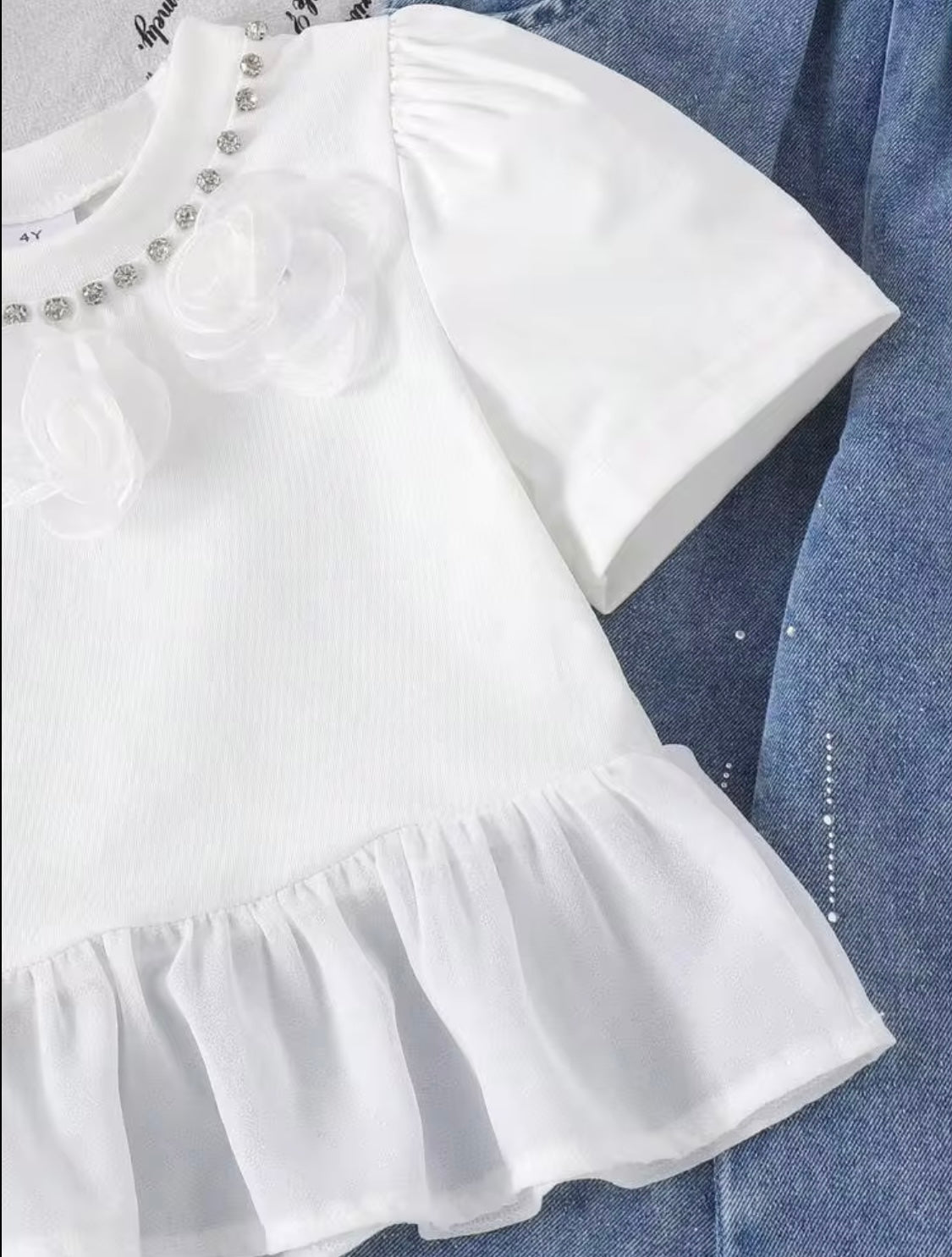 Eboo Girls White Peplum Top with Embellished Collar & Butterfly Denim Jeans Set