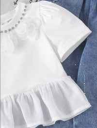 Eboo Girls White Peplum Top with Embellished Collar & Butterfly Denim Jeans Set