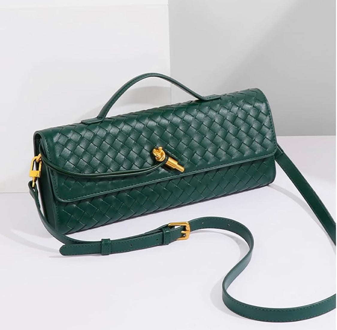 Eboo Elegant Woven Leather-Look Shoulder Bag with Gold-Tone Clasp