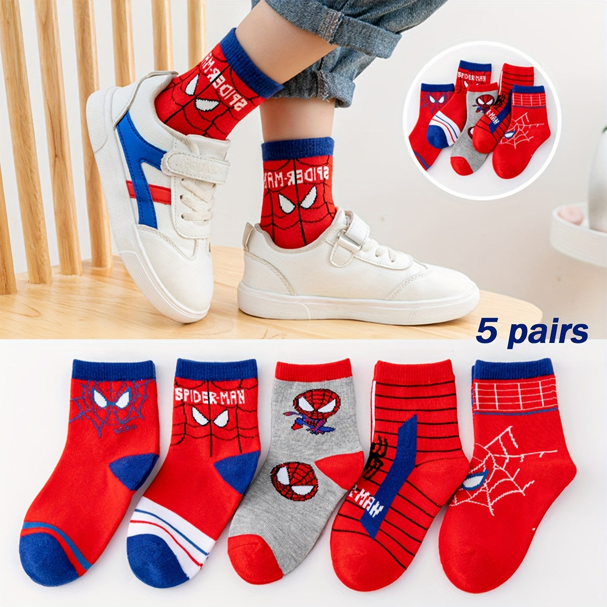 5-Pair Kids Spider-Man Socks Set with Comic Prints