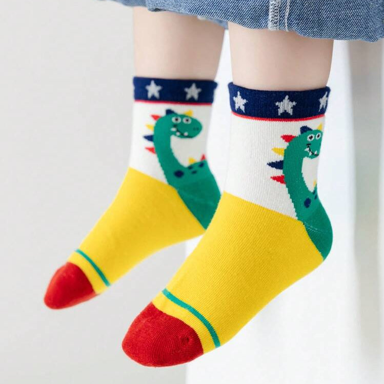 5 Pairs Kids Cartoon Dinosaur & Striped Warm Toddler Socks (Girls & Boys)