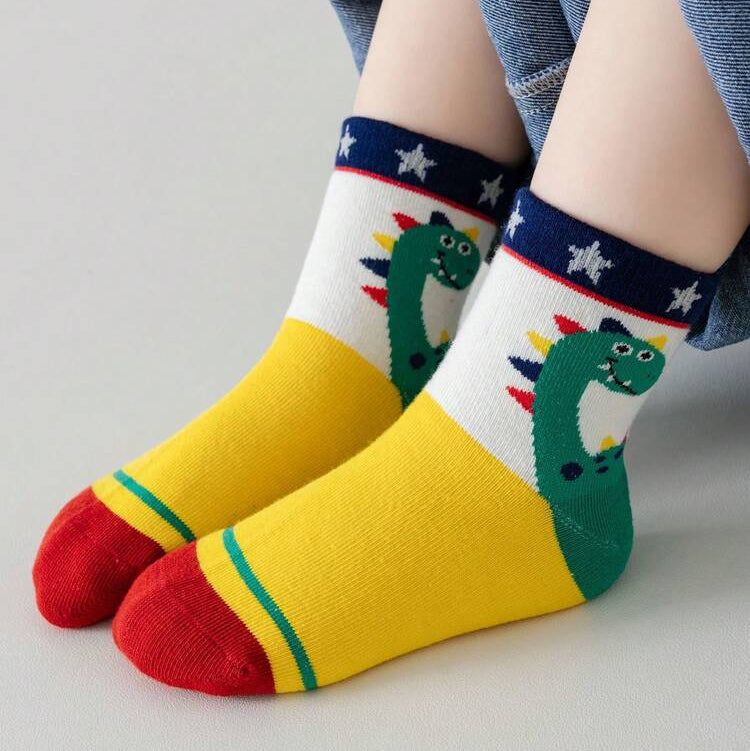 5 Pairs Kids Cartoon Dinosaur & Striped Warm Toddler Socks (Girls & Boys)