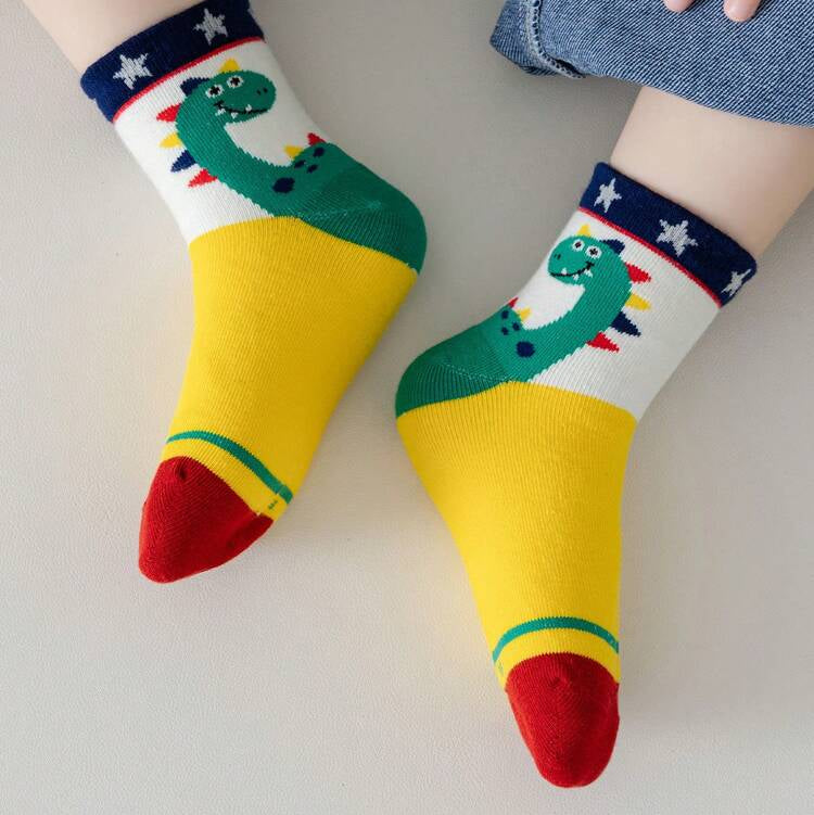 5 Pairs Kids Cartoon Dinosaur & Striped Warm Toddler Socks (Girls & Boys)