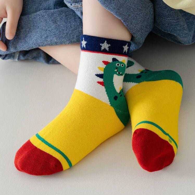 5 Pairs Kids Cartoon Dinosaur & Striped Warm Toddler Socks (Girls & Boys)