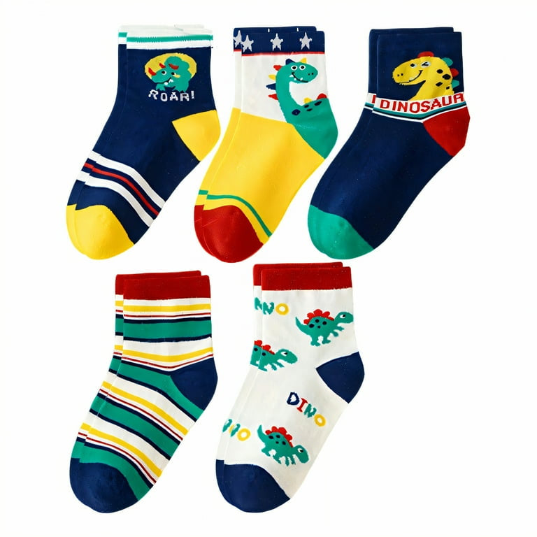 5 Pairs Kids Cartoon Dinosaur & Striped Warm Toddler Socks (Girls & Boys)