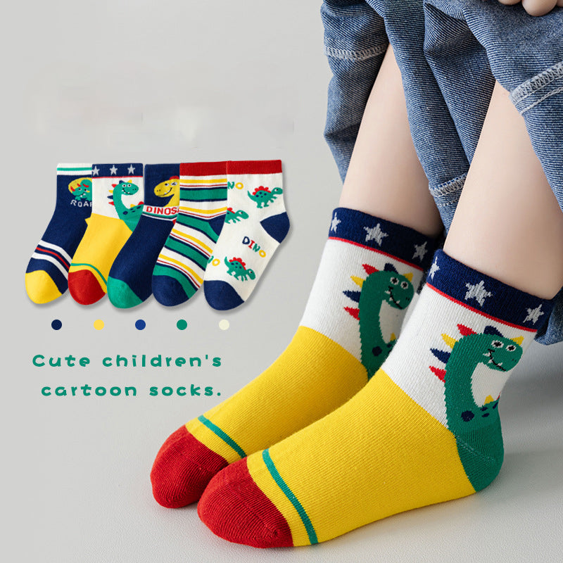 5 Pairs Kids Cartoon Dinosaur & Striped Warm Toddler Socks (Girls & Boys)