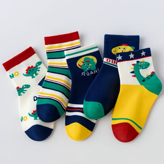 5 Pairs Kids Cartoon Dinosaur & Striped Warm Toddler Socks (Girls & Boys)
