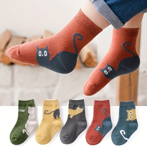 5 Pairs Kids Cartoon Cat & Animal Pattern Warm Toddler Socks