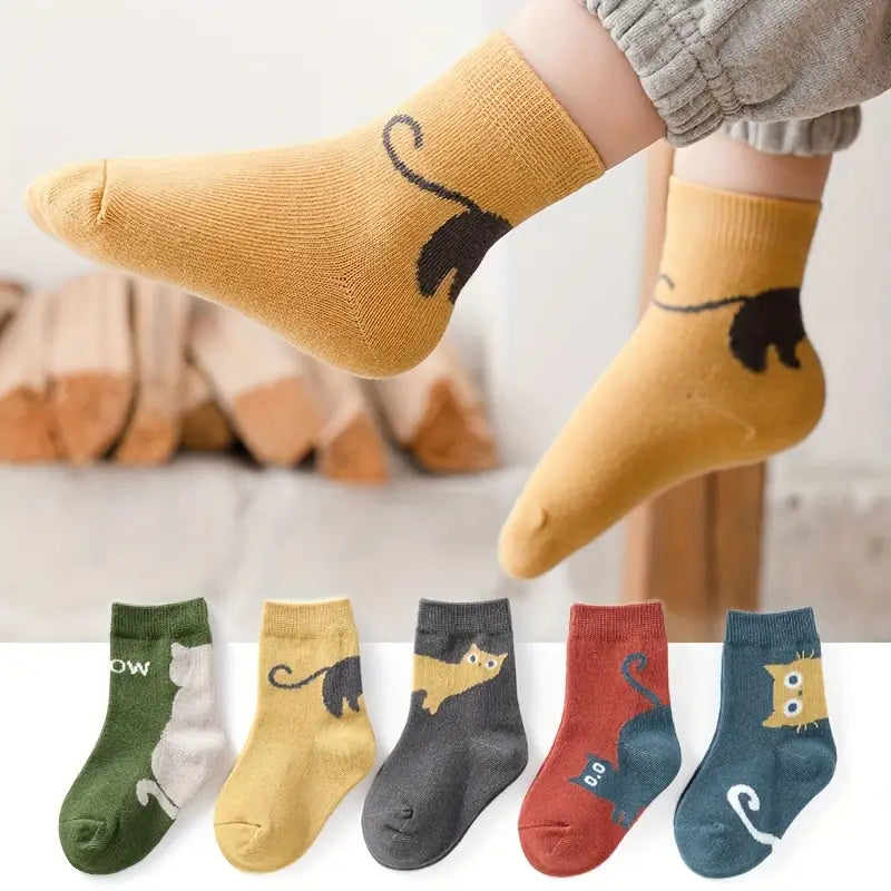 5 Pairs Kids Cartoon Cat & Animal Pattern Warm Toddler Socks