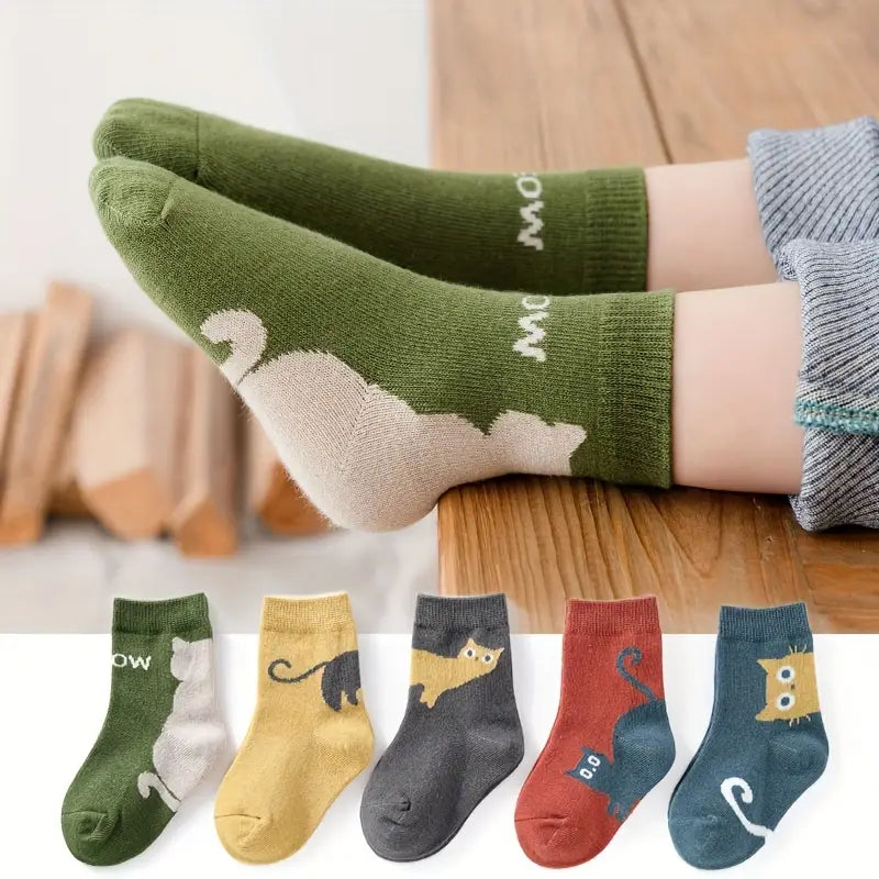 5 Pairs Kids Cartoon Cat & Animal Pattern Warm Toddler Socks