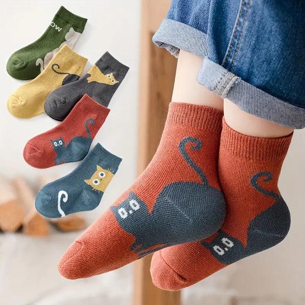 5 Pairs Kids Cartoon Cat & Animal Pattern Warm Toddler Socks