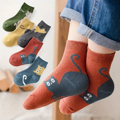 5 Pairs Kids Cartoon Cat & Animal Pattern Warm Toddler Socks