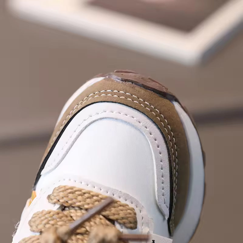 Eboo Kids’ Retro White Sneakers with Black & Brown Accents