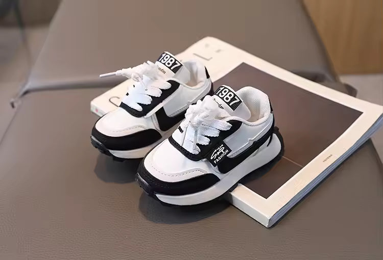 Eboo Kids’ Retro White Sneakers with Black & Brown Accents
