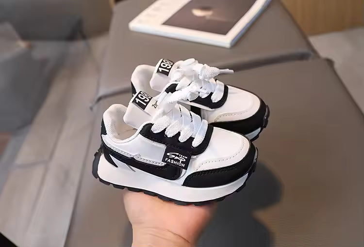 Eboo Kids’ Retro White Sneakers with Black & Brown Accents