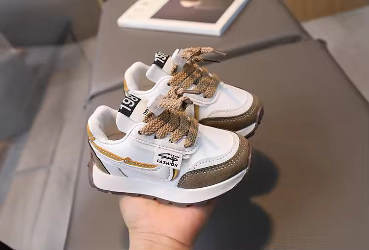 Eboo Kids’ Retro White Sneakers with Black & Brown Accents