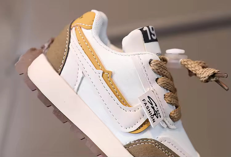 Eboo Kids’ Retro White Sneakers with Black & Brown Accents