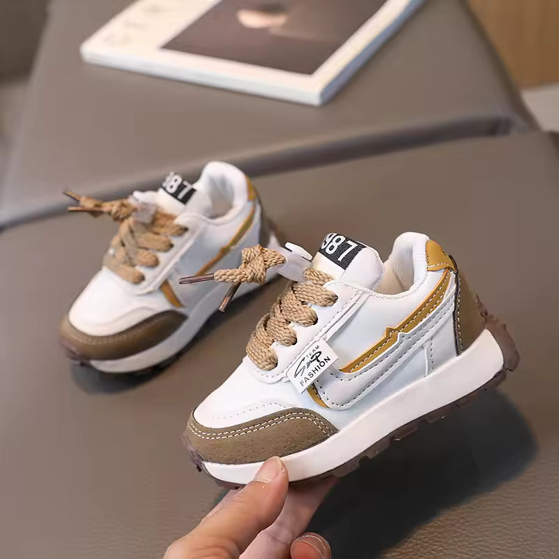 Eboo Kids’ Retro White Sneakers with Black & Brown Accents