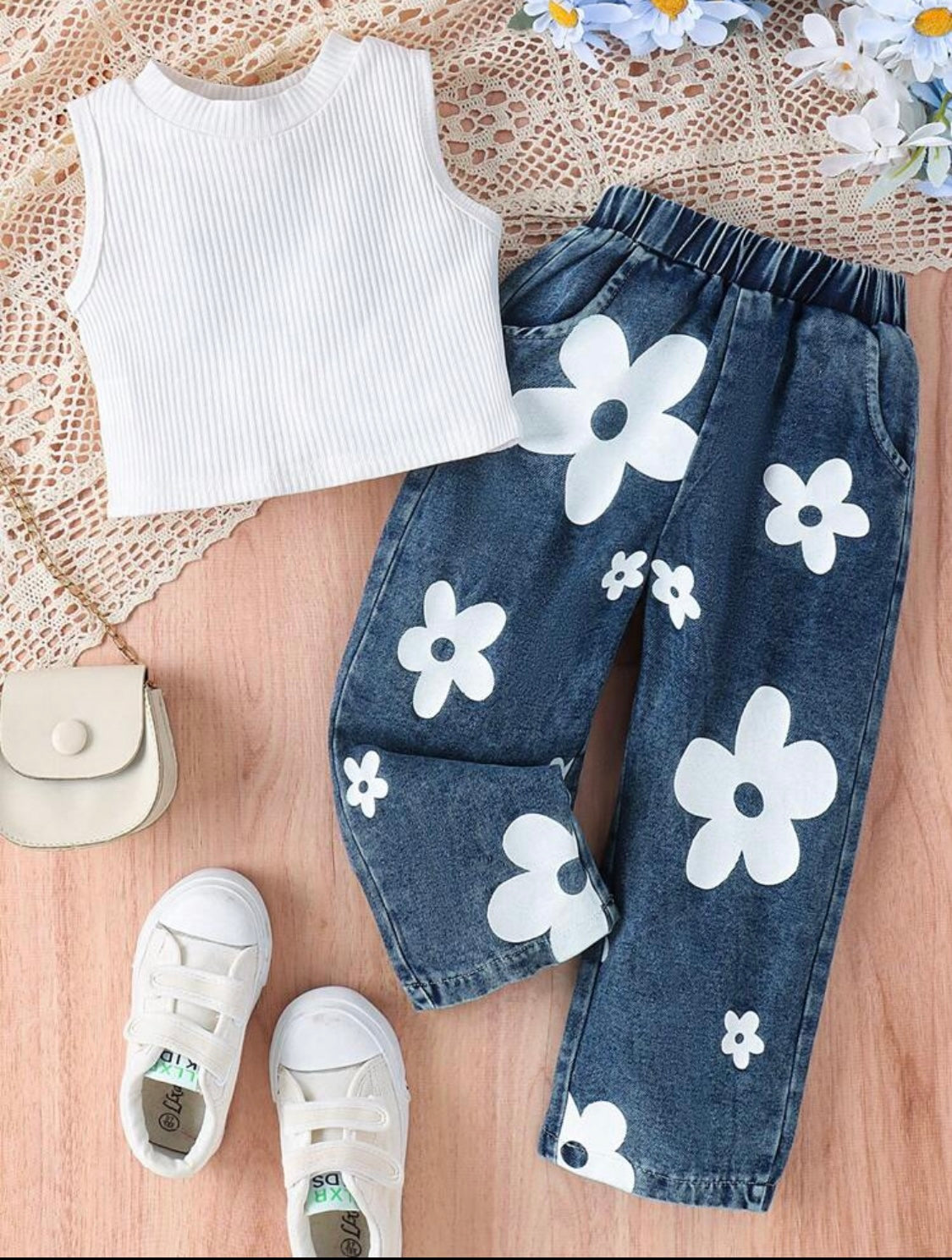 Eboo Girls White Floral Printed Denim Pants Set with Ribbed Top
