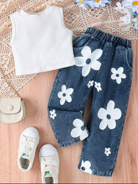 Eboo Girls White Floral Printed Denim Pants Set with Ribbed Top