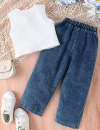 Eboo Girls White Floral Printed Denim Pants Set with Ribbed Top