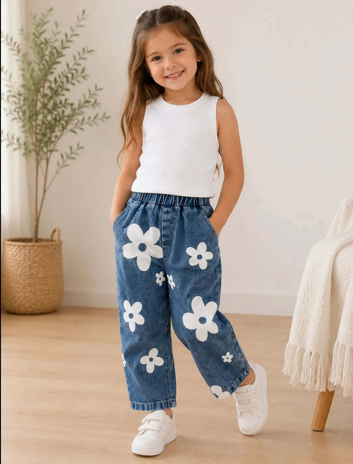 Eboo Girls White Floral Printed Denim Pants Set with Ribbed Top
