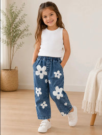 Eboo Girls White Floral Printed Denim Pants Set with Ribbed Top