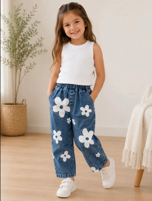 Eboo Girls White Floral Printed Denim Pants Set with Ribbed Top