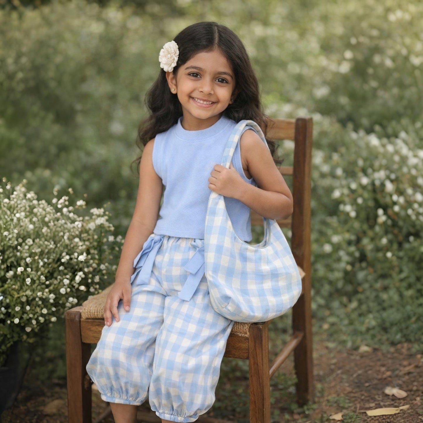 Eboo Summer Girls Suit New Blue Plaid Top with Bow Wide Leg Pants and Backpack Three-piece Set