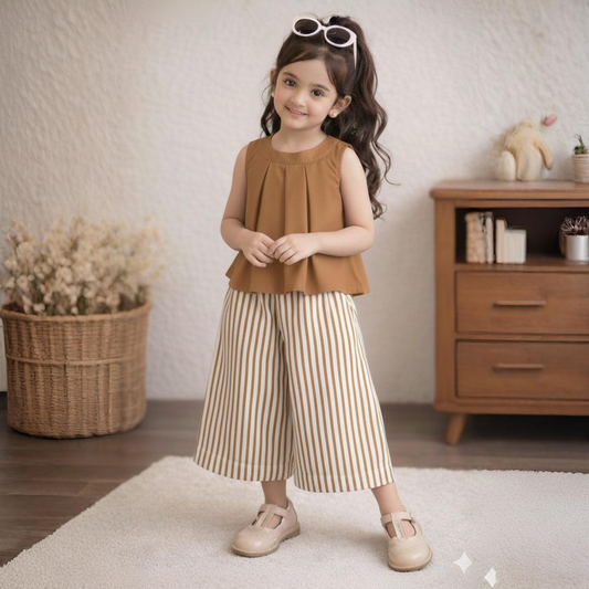 Eboo Bear Leader Vest+Striped Wide Leg Pants Summer Dress Set (BROWN)
