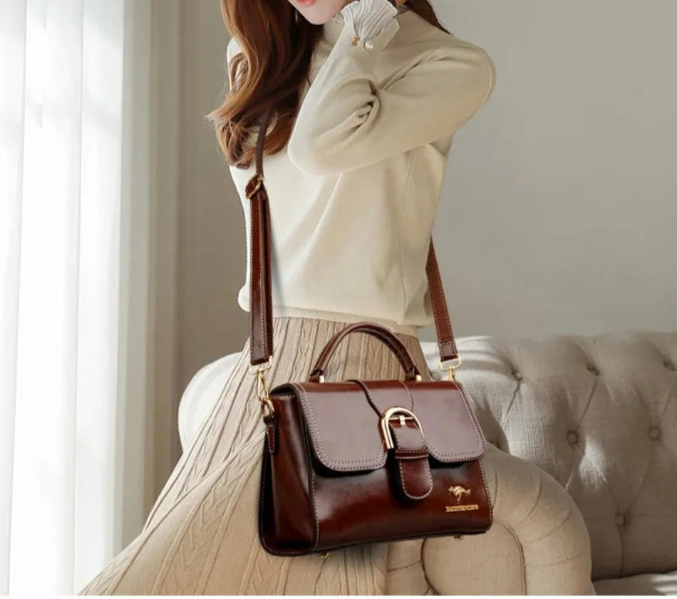 Eboo Elegant Brown Leather Handbag for Women | Premium Crossbody & Top Handle Bag