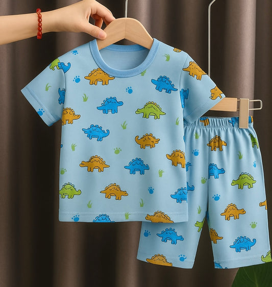 Eboo Boys Cute Dino Printed Round Neck Pure Cotton T-Shirt With Shorts