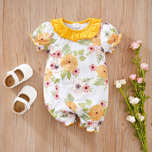 Eboo Baby Floral Print Short Sleeve Romper with Ruffled Collar & Sleeve Edges