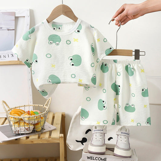 Eboo Cute Frog Printed Short Sleeve Sleepwear and Shorts 2Pcs Outfit Clothes