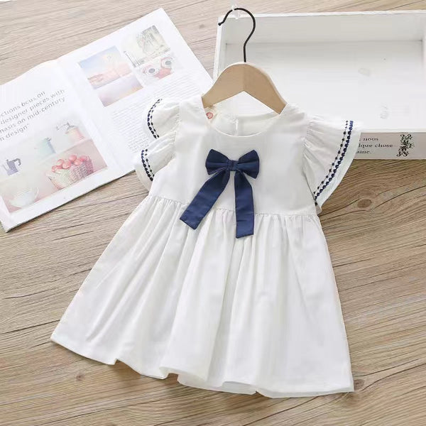 Eboo Cotton Plain White with Blue Bow Dress