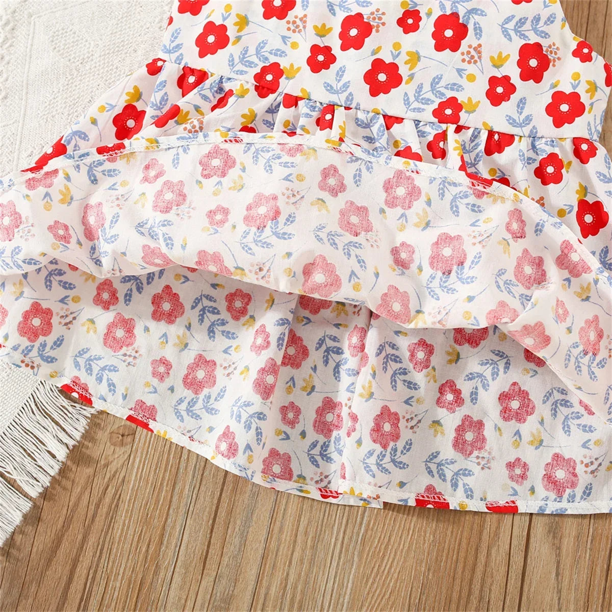 Eboo Baby Girl Summer Flower Printed Bowknot Dress (RED)