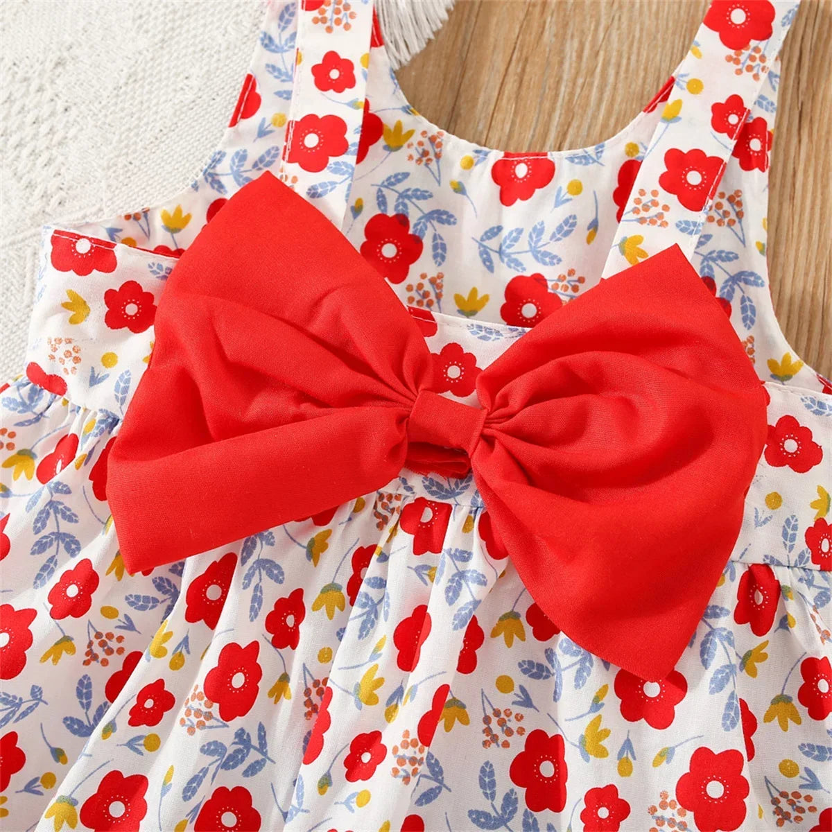 Eboo Baby Girl Summer Flower Printed Bowknot Dress (RED)