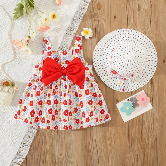 Eboo Baby Girl Summer Flower Printed Bowknot Dress (RED)