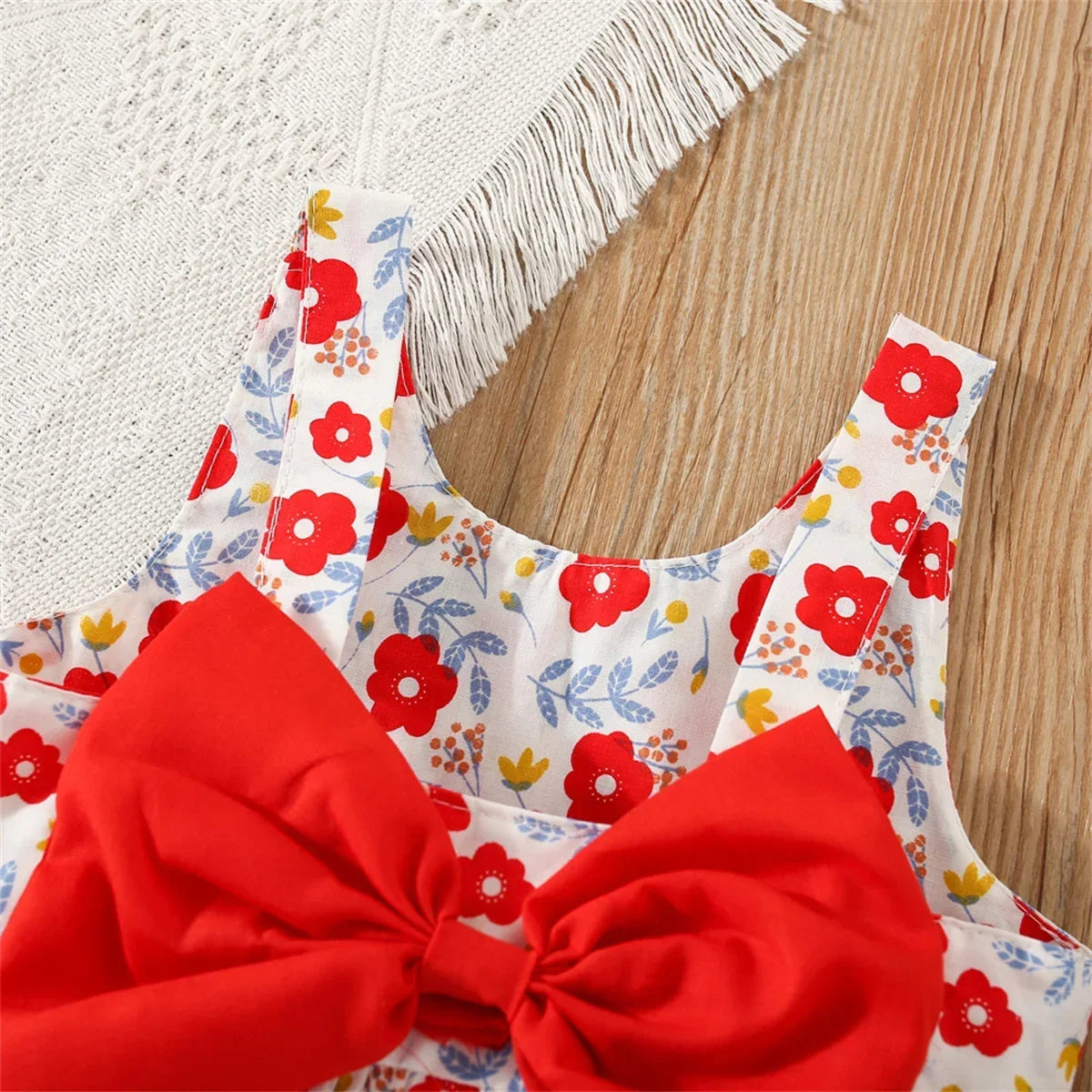 Eboo Baby Girl Summer Flower Printed Bowknot Dress (RED)