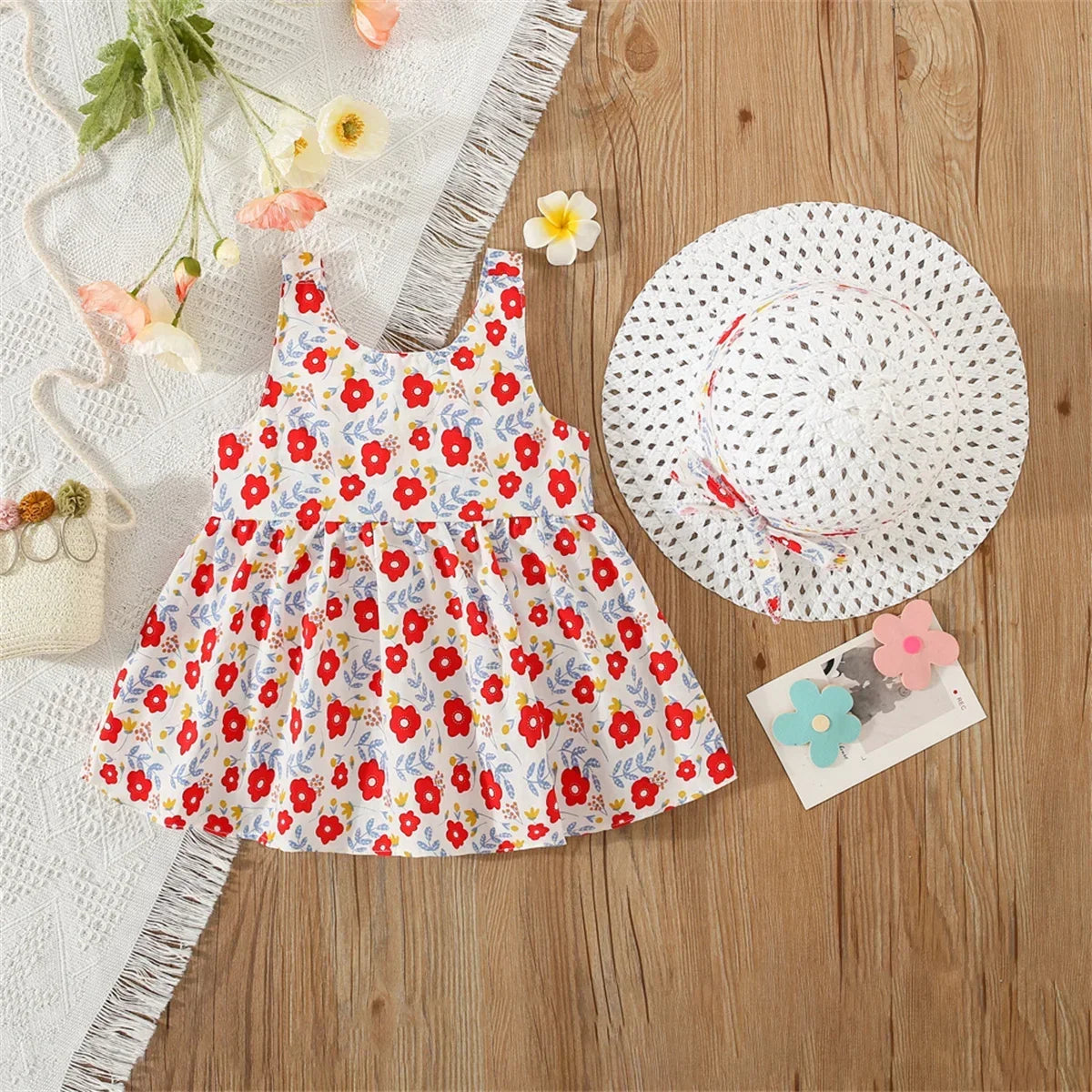 Eboo Baby Girl Summer Flower Printed Bowknot Dress (RED)