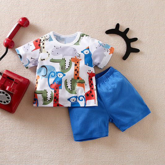 Eboo Boys White & Blue Printed Pure Cotton T-shirt with Shorts