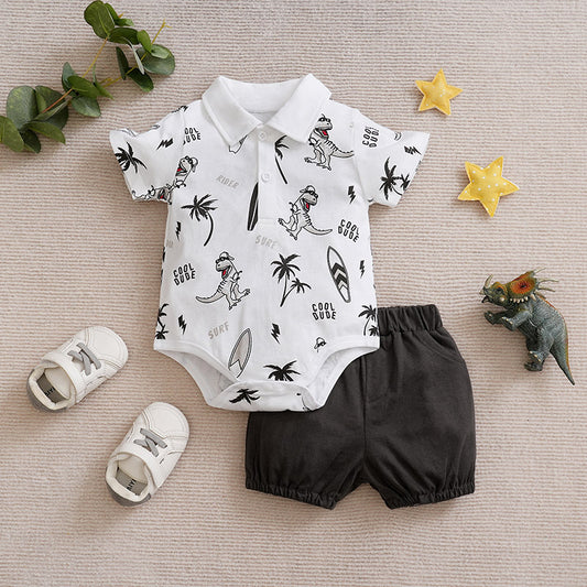 Eboo Clothes Cute Cartoon Dinosaur Comfortable Boy and Girl Summer Short Sleeve Baby Triangle Romper+Pants Two-Piece Set