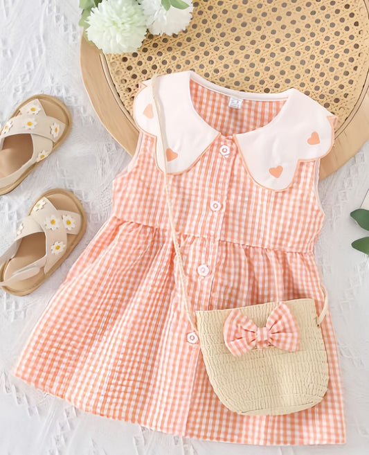 Eboo Cute Sleeveless Heart Print Dress+Bag Set (ORANGE).