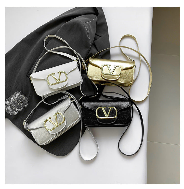 Eboo Luxe Metallic V-Logo Mini Crossbody Bag with Magnetic Flap