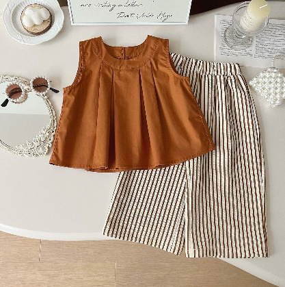 Eboo Bear Leader Vest+Striped Wide Leg Pants Summer Two-piece Set (BROWN)